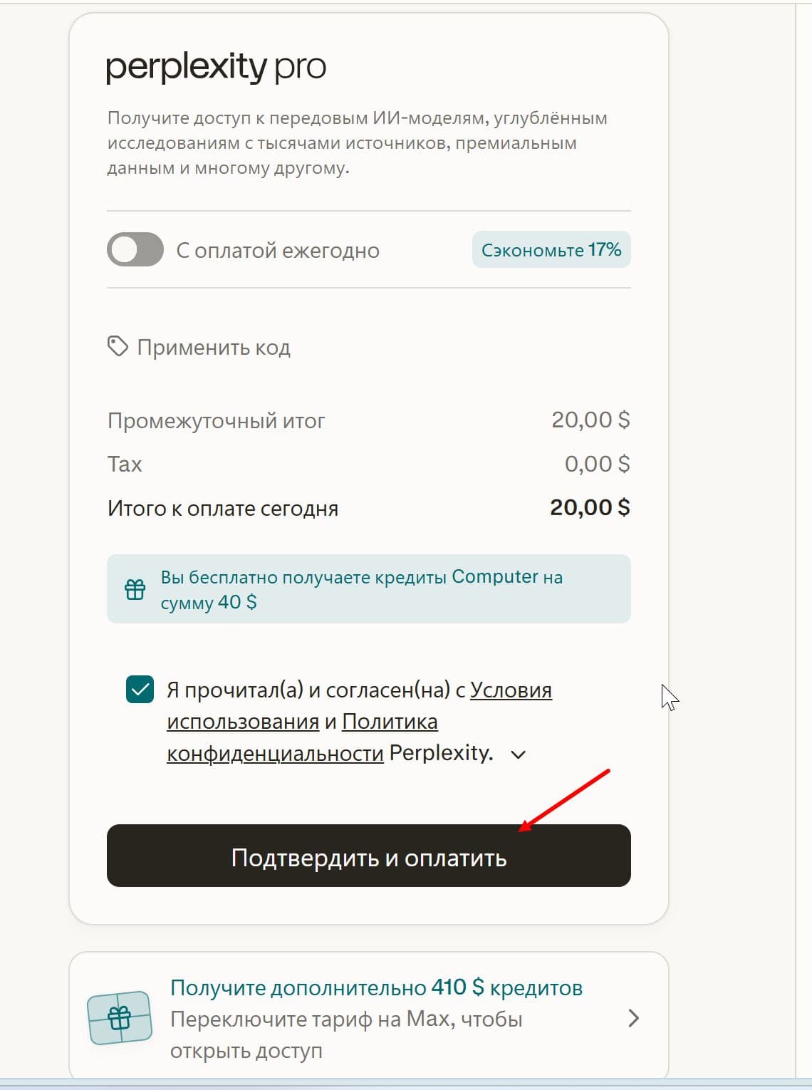 Галочка согласия и кнопка «Подтвердить и оплатить»