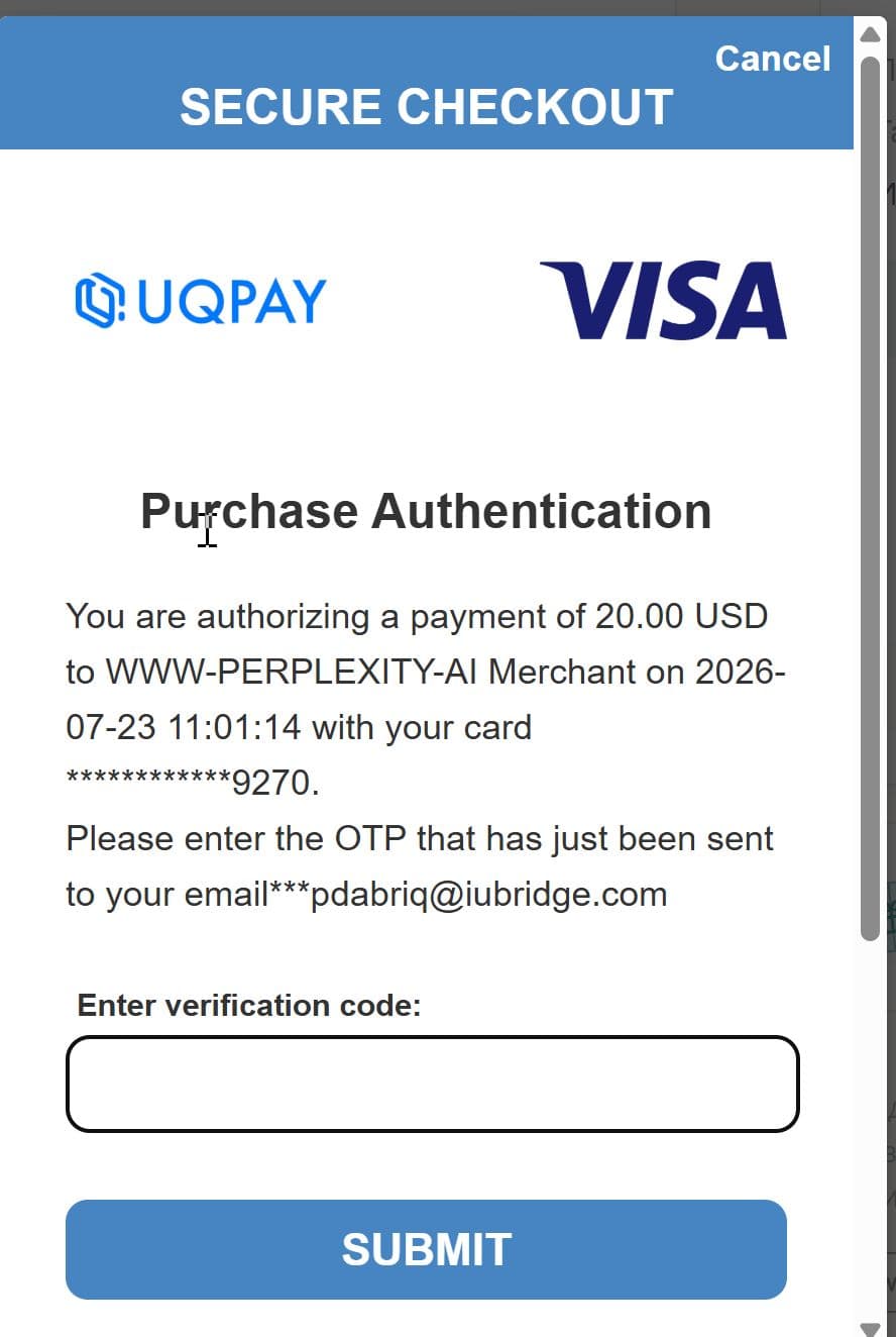 Окно SECURE CHECKOUT с полем кода подтверждения