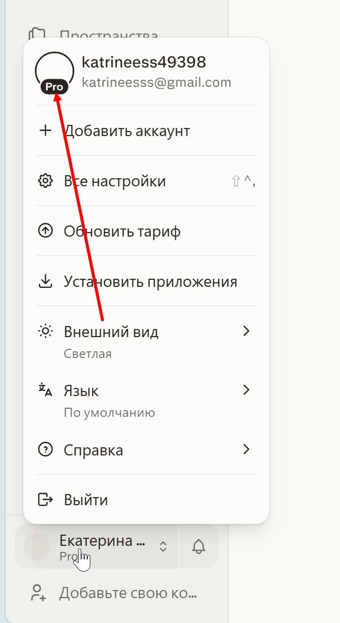 Меню аккаунта со значком Pro